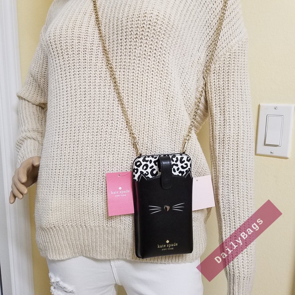 NWT KATE SPADE 100% AUTHENTIC NORTH PHONE CROSSBODY CAT MEOW BLACK WHITE - Picture 4 of 12
